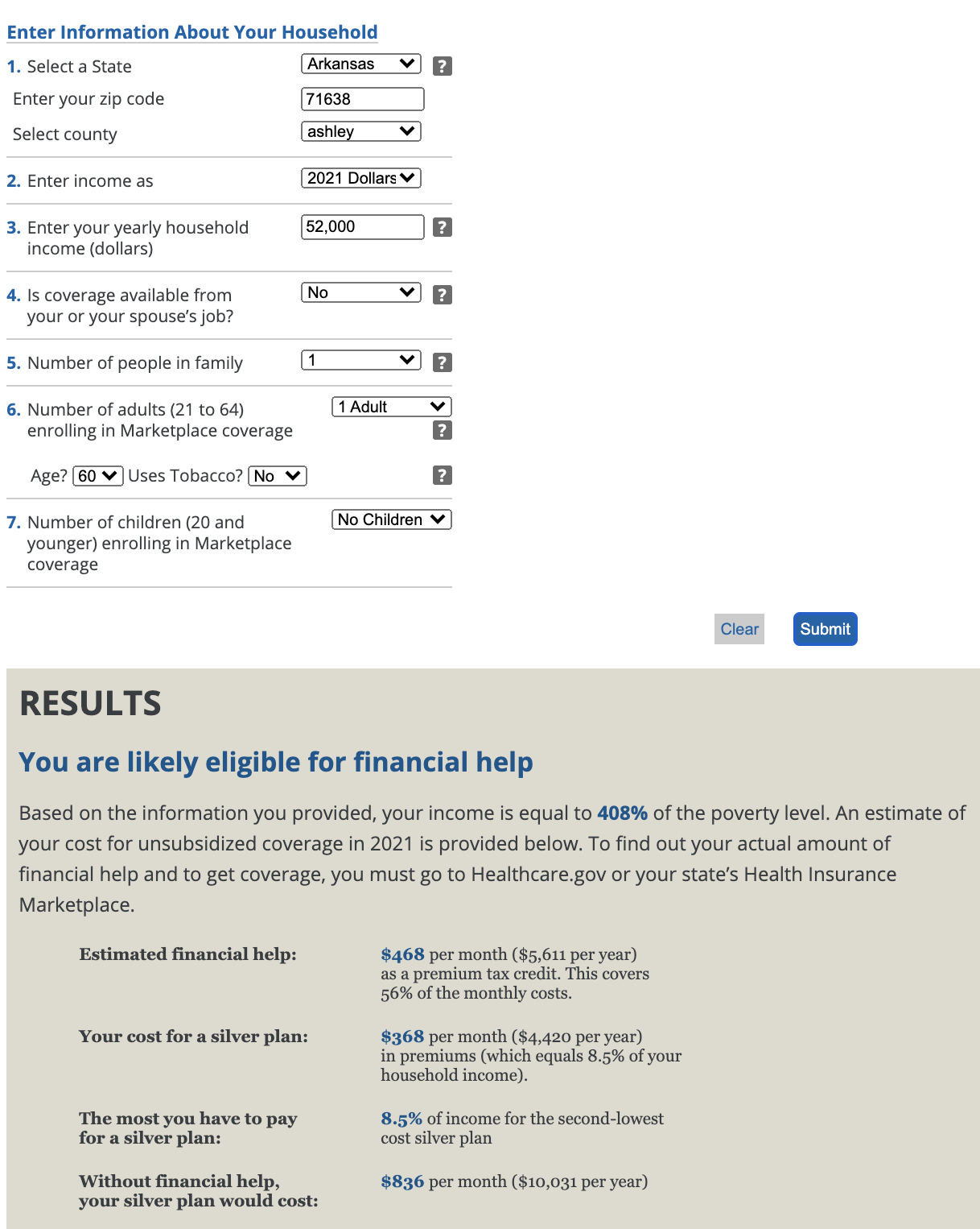 KFF premium tax credit estimate for a single adult in Arkansas, premium tax credit, subsidy, health care premium 