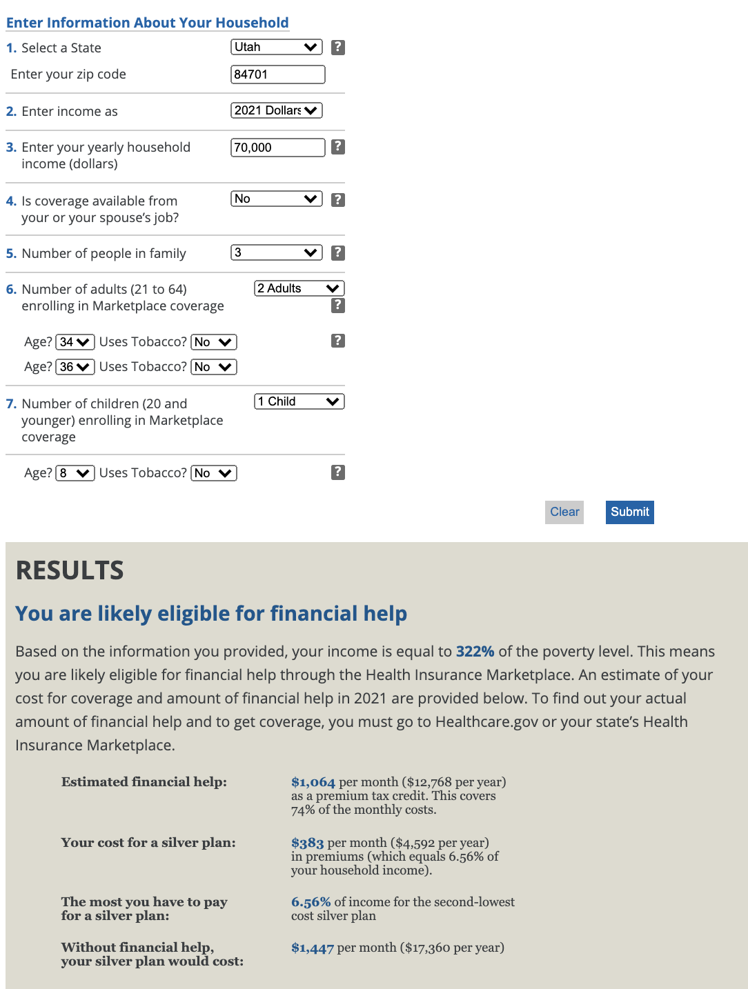KFF premium tax credit estimate for a family of three in Utah, premium tax credit, subsidy, health care premium 